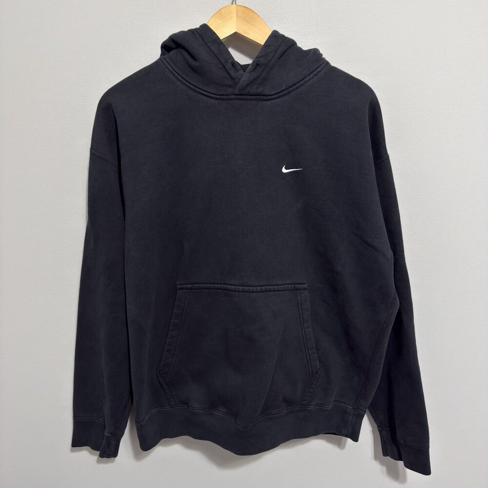 Nike NRG Solo Swoosh Fleece Pullover Hoodie Mens M Black Heavyweight Minimalist